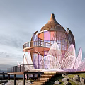 Lotus Shaped Wooden House With Balcony Staircase Rocks Grass And Scenic Coastal View