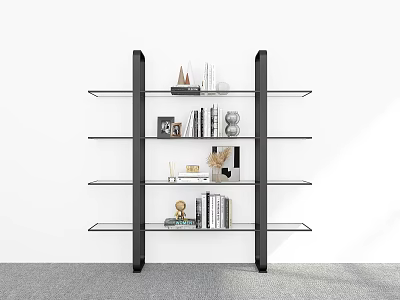 Modern Glass Bookshelf With Black Supports Books And Decorative Items On Shelves 3d model