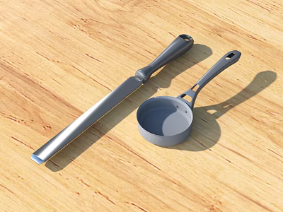 Stainless Steel Kitchen Knife and Measuring Cup with Ergonomic Handles on Wooden Tabletop 3d model