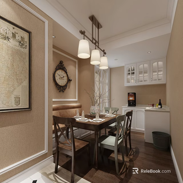 Cozy Restaurant Interior With Dining Table Chairs Pendant Lights Wall Clock And Decorative Art 3d model 