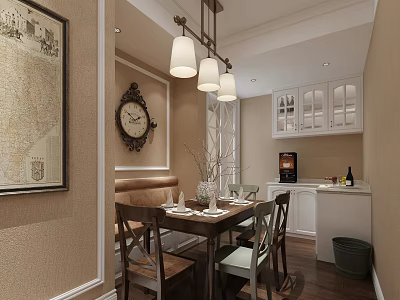 Cozy Restaurant Interior With Dining Table Chairs Pendant Lights Wall Clock And Decorative Art 3d model
