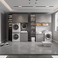 Modern Bathroom Cabinet Rack In Laundry Space With Washing Machines Sink Storage Shelves And Window