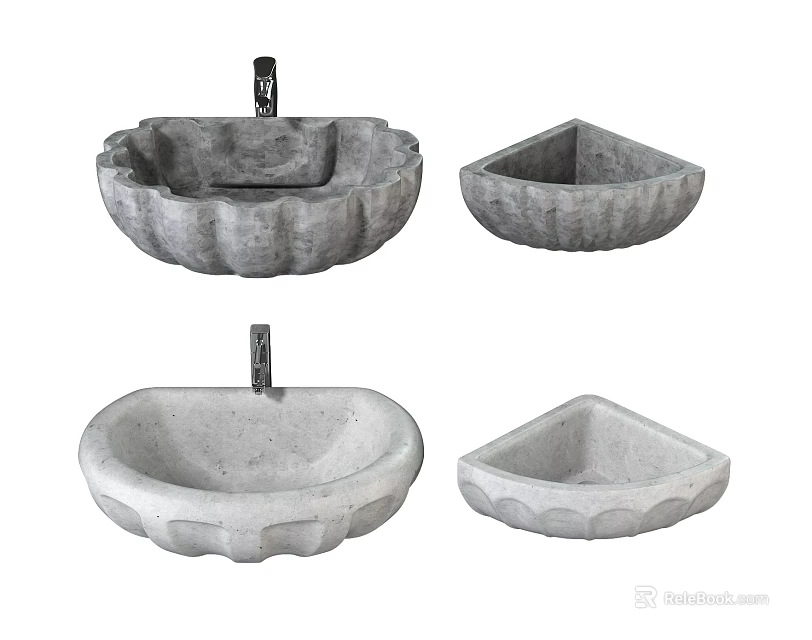 Concrete Washbasins With Scalloped Edges Round And Triangular Shapes With Faucets 3d model 
