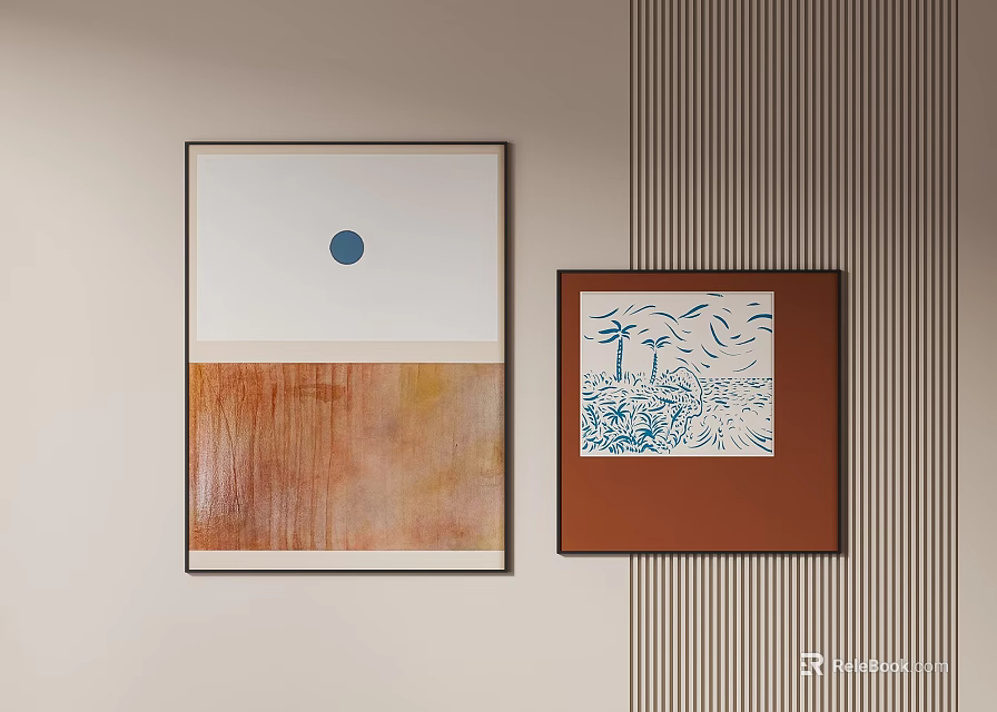 Two Framed Portrait Paintings On Stripe Background Wall With Abstract Elements 3d model 