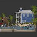 Two Story Blue White Beach House Featuring Palm Trees Sandy Beach Waterfront And Red Umbrella