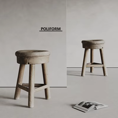 POLIFORM Rustic Wooden Stools In Simple Light Colored Interior Space 3d model