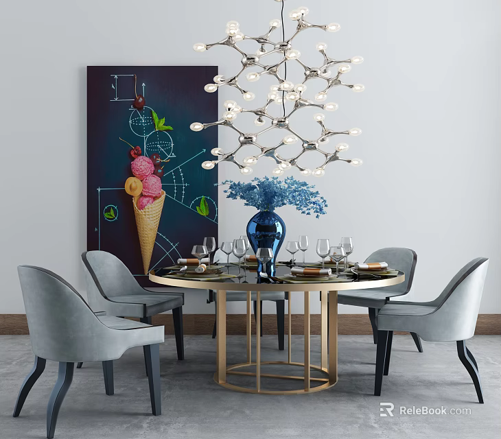 Modern Round Dining Table Set With Gray Chairs Blue Vase Tableware And Wall Art 3d model