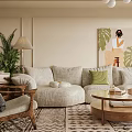 Modern Living Room Interior With Beige Sofa Green Cushions Art Painting Green Plants And Chandelier