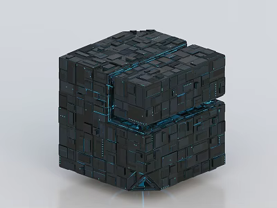 Black Cubic Structure Composed Of Small Blocks With Blue Lines And Geometric Design 3d model