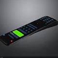 Black Remote Control With Blue Buttons Green Display Screen And Input Label