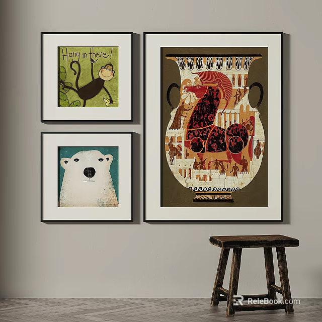 Vibrant Abstract Paintings Featuring Monkey Polar Bear And Vase Art On Wall Decor 3d model 