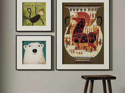 Vibrant Abstract Paintings Featuring Monkey Polar Bear And Vase Art On Wall Decor 3d model