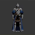 Man In Medieval Knight Armor With Silver Blue Accents And Sword Standing