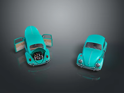 Blue Volkswagen Beetle Car Models With Open Doors Revealing Interior And Closed Door 3d model