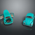 Blue Volkswagen Beetle Car Models With Open Doors Revealing Interior And Closed Door