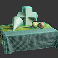Still Life Arrangement With Cross Shaped Geometric Object Cone Apples And Tablecloth On Table