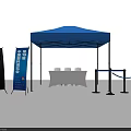 Blue Canopy Tent Setup With White Table Chairs Blue Banners And Stanchion Rope