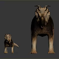 Adult and Juvenile Dinosaur Models in Brown and Beige Standing on Dark Reflective Surface