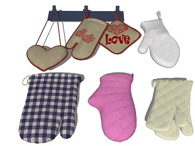 Colorful Kitchen Oven Mitts and Pot Holders with Heart Shaped Love Print and Checkered Patterns 3d model