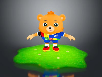 Cartoon Bear Character Wearing Blue Shirt With Number 24 And Colorful Patterns On Green Grass 3d model