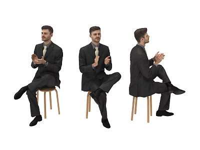 Man In Black Suit Sitting On Wooden Chair Clapping From Three Different Angles 3d model