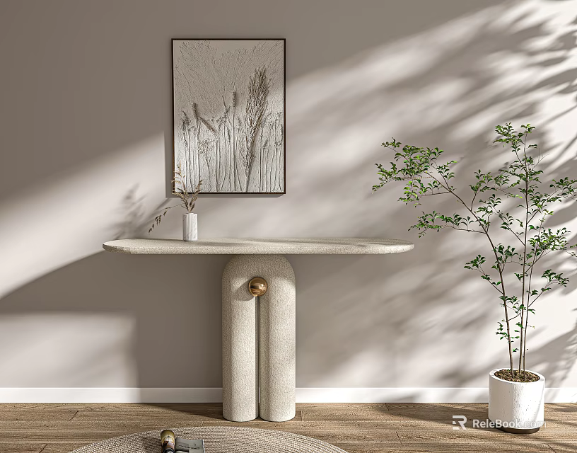 Minimalist Console Table With Arched Stone Base Decorative Art Potted Plant And Light Shadows 3d model 