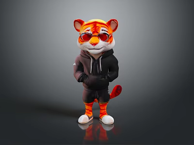 Cartoon Tiger Character In Black Hoodie Pants With Red Sunglasses And Orange Stripes 3d model