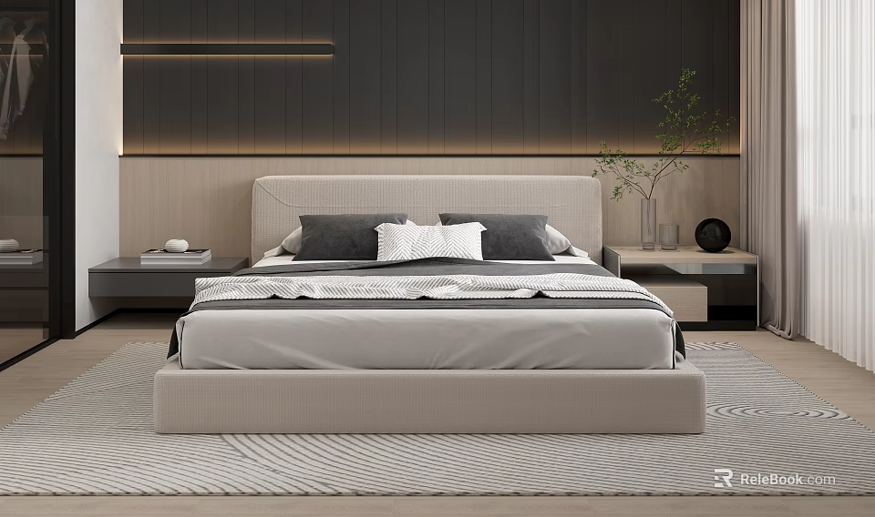 Modern Upholstered Double Bed With Wooden Headboard Gray And White Pillows Nightstands Vase And Rug 3d model 