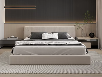 Modern Upholstered Double Bed With Wooden Headboard Gray And White Pillows Nightstands Vase And Rug 3d model
