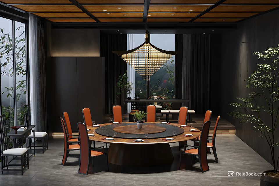 Modern Chinese Style Round Dining Table With Orange Chairs And Pendant Light 3d model 