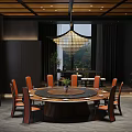 Modern Chinese Style Round Dining Table With Orange Chairs And Pendant Light