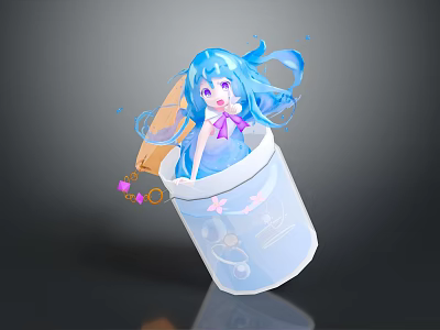 Blue Haired Game Movie Character In Transparent Container With Stars Bubbles And Flowing Hair 3d model