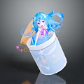 Blue Haired Game Movie Character In Transparent Container With Stars Bubbles And Flowing Hair
