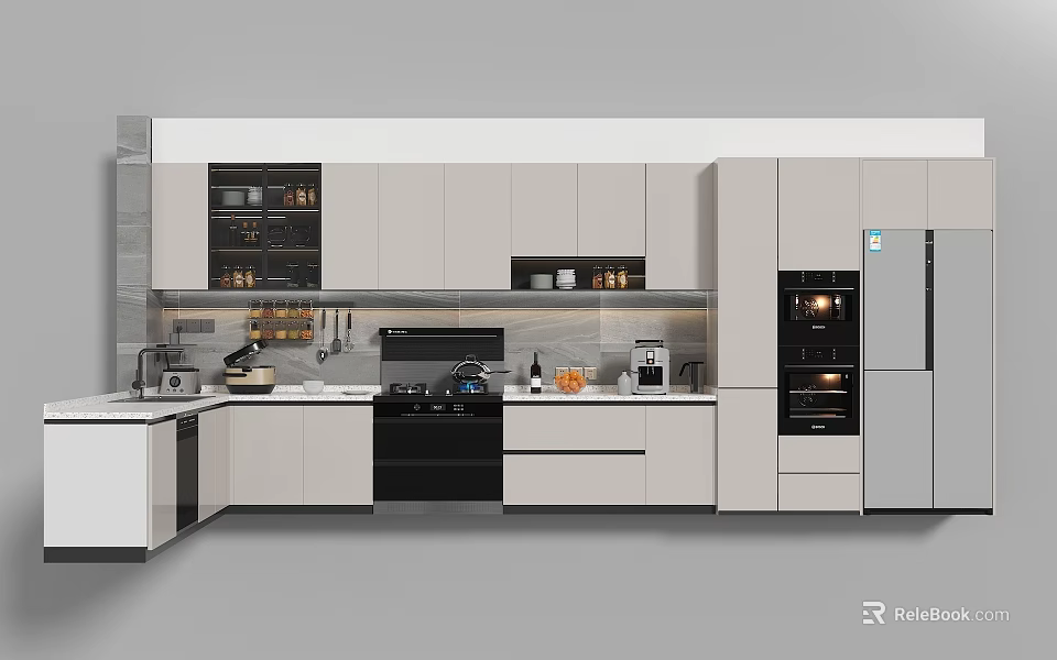 Modern Kitchen With White Cabinets Black Stove Built-in Oven Refrigerator And Kitchen Utensils 3d model 