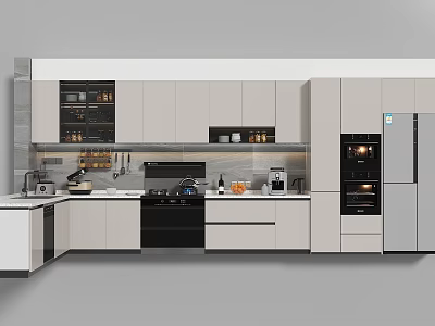 Modern Kitchen With White Cabinets Black Stove Built-in Oven Refrigerator And Kitchen Utensils 3d model