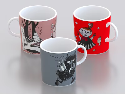 Three Mugs With Various Cartoon Designs Including Forest Animals Girl And Furry Character 3d model