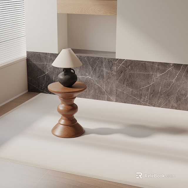 Stylish Modern Wooden Side Table With Table Lamp And Marble Wall Background 3d model 