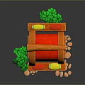 Cartoon Hut Scene With Orange Roof Red Cover Blue Supports Green Plants And Orange Stones