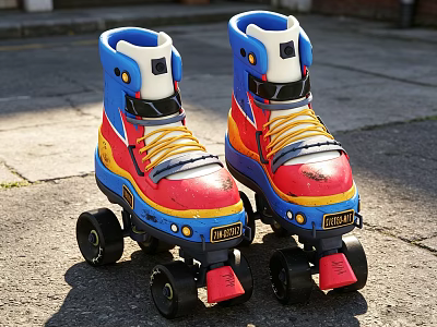 Colorful Rival Roller Skates With Blue Red Yellow Design Black Wheels On Outdoor Pavement 3d model