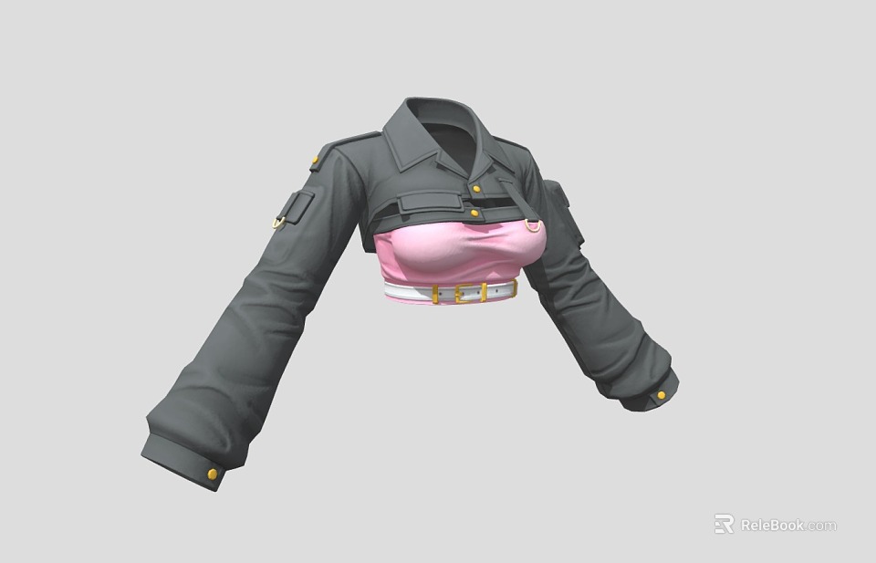 Gray Long Sleeve Coat With Pink Crop Top And Gold Buttons Epaulettes Design 3d model 