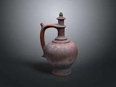 Traditional Handcrafted Reddish Brown Clay Vessel Sculpture Carving With Handle Lid And Texture 3d model