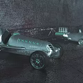 Vintage Silver Race Cars With Green Glowing Lines Dark Textured Background And Reflective Wet Ground
