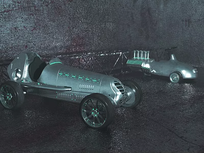 Vintage Silver Race Cars With Green Glowing Lines Dark Textured Background And Reflective Wet Ground 3d model