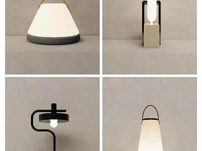 Modern Table Lamps Featuring Various Minimalist Designs with Fabric Shades and Wooden Bases 3d model