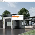 Modern Entrance Building With Glass Corridor And Advantage Sign Surrounded By Trees