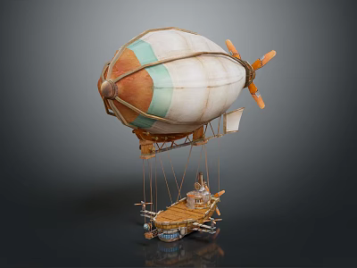 Vintage Multicolored Airship With Twin Propellers And Suspended Wooden Cabin 3d model