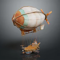 Vintage Multicolored Airship With Twin Propellers And Suspended Wooden Cabin