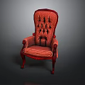 Traditional Chair With Red Wooden Frame Armrests Red Fabric And Black Button Tufting High Backrest