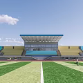 Outdoor Stadium With Red Running Track Green Lawn And Blue Spectator Stands