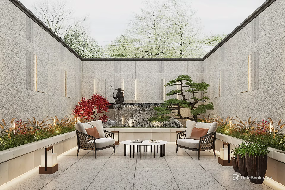 Basement Courtyard With Seating Plants And Water Feature 3d model 